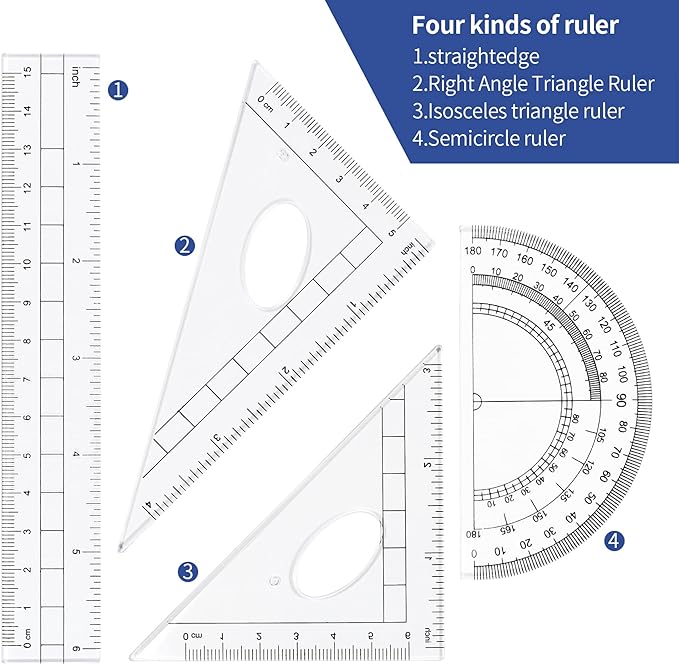 Vobou Math Geometry Kit Sets 10 Piece Student Supplies with Shatterproof Storage Box,Includes Rulers,Protractor,Compass,Eraser,Pencil Sharpener,Lead Refills,Pencil,for Drafting（Navy Blue）