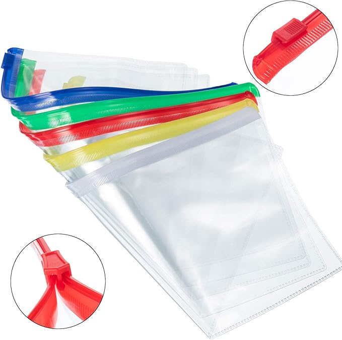 Leinuosen 50 Pcs Clear Zip Envelope Pencil Case Bulk Small Plastic Envelopes Reusable File Bill Document Bag, 5 Colors A6 Pencil Bags for Cash Office School Supplies