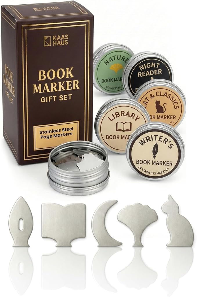 Metal Page Markers Set, 120 Stainless Steel Bookmark Clips in 5 Literary Shapes, Reusable Reading Gifts for Book Lovers, Teachers & Readers