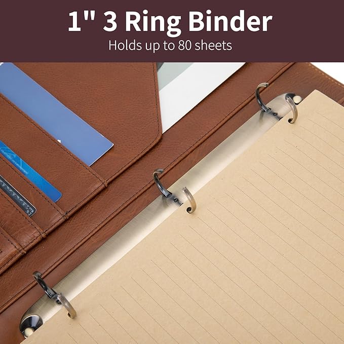 Genuine Leather 3 Ring Binder, 8.5 x 11 Letter Size Folio with Pen Holder, Soft Notebook Portfolio Cover, Slim Notepad Padfolio Thin File Organizer for Work Executive Meeting, Brown, Oil Tanned