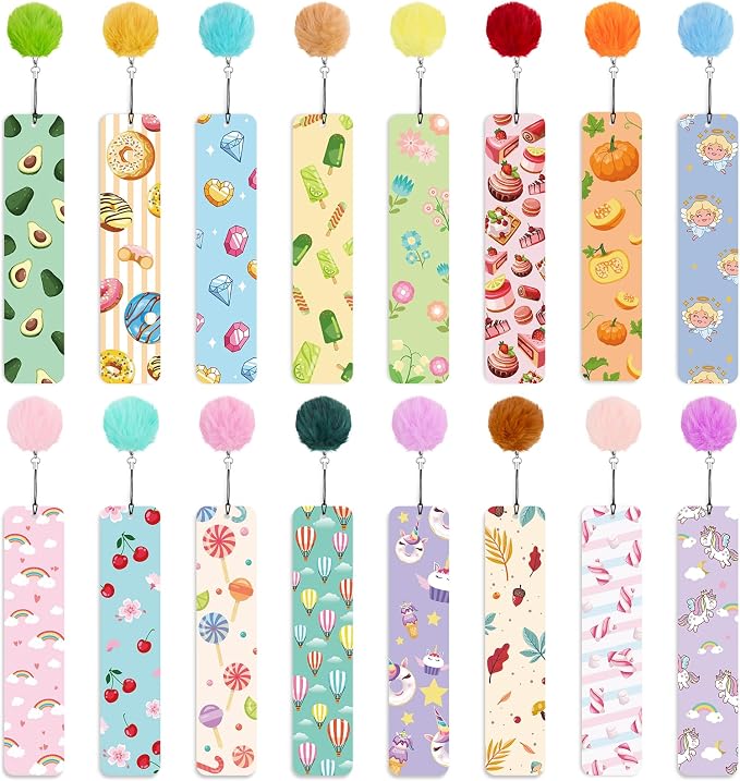 16 Pcs Cute Bookmarks Bulk Colorful Book Marks with Pompom Pendant Gifts for Reading Kids Boys Girls Book Lovers Reading Presents Classroom Reading Prizes Party Favor
