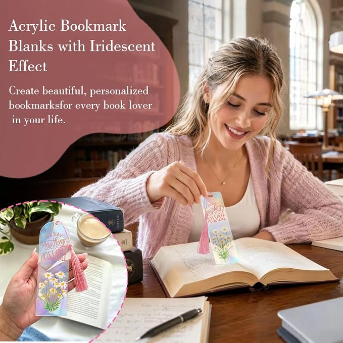 90Pcs Acrylic Bookmark Blanks Kit,30 Set Iridescent Clear Acrylic Bookmarks with 30 Tassels & 30 Self-Adhesive Bags for DIY Crafting Projects and Book Lovers Gifts