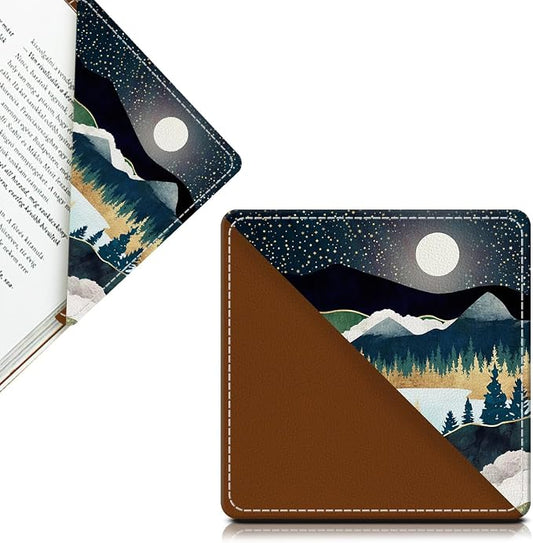 Cute Leather Bookmarks, Fun Triangle Making Corner Bookmark, Book Accessories for Reading Book Lovers, Unbreakable Page Markers for Women Men Night Forest Mountain