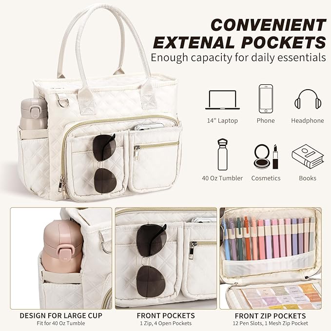 KOPKOFT Large Bible Cover Case for Women, Quilted Church Tote Bag with Shoulder Strap, Bible Study Supplies Journaling Kit Bible Accessories, Christmas Christian Gift for Women (Beige)