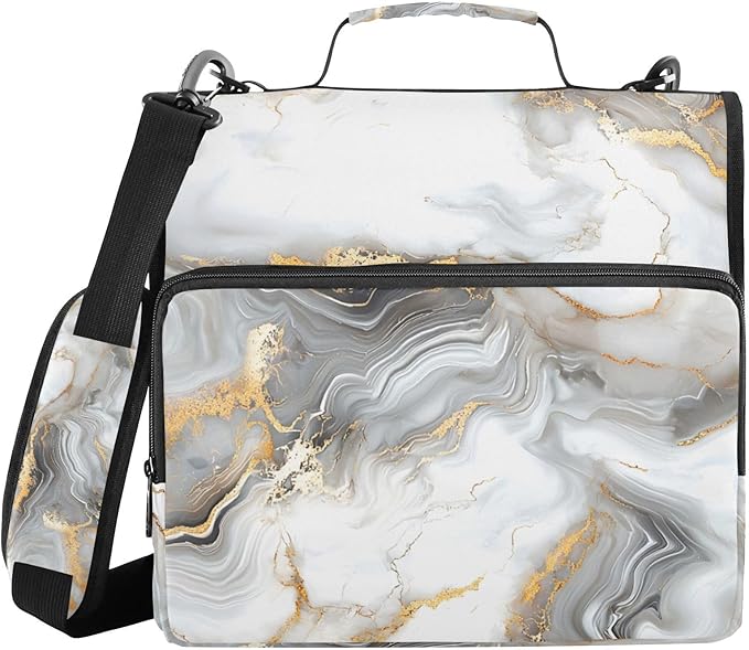 ALAZA White & Gold Marble 3 Ring School Zipper Binder Bag Expanding File Folder Case Briefcase with Shoulder Strap