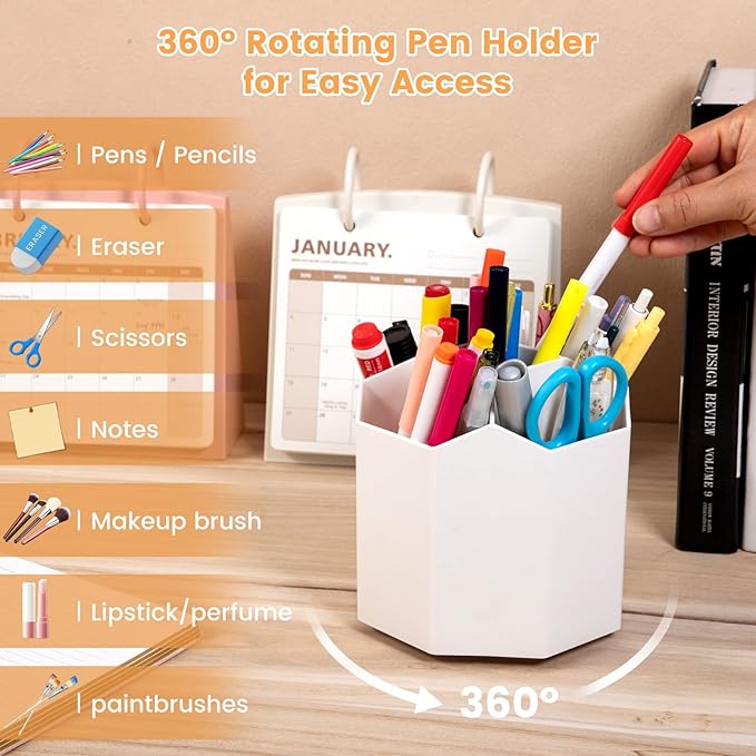 Pencil Pen Holder, 360° Rotating Pen Holder, Desk Organizer with 5 Slots, Desktop Stationery Storage for Office, School & Home, Art Supplies Desktop Decor, White