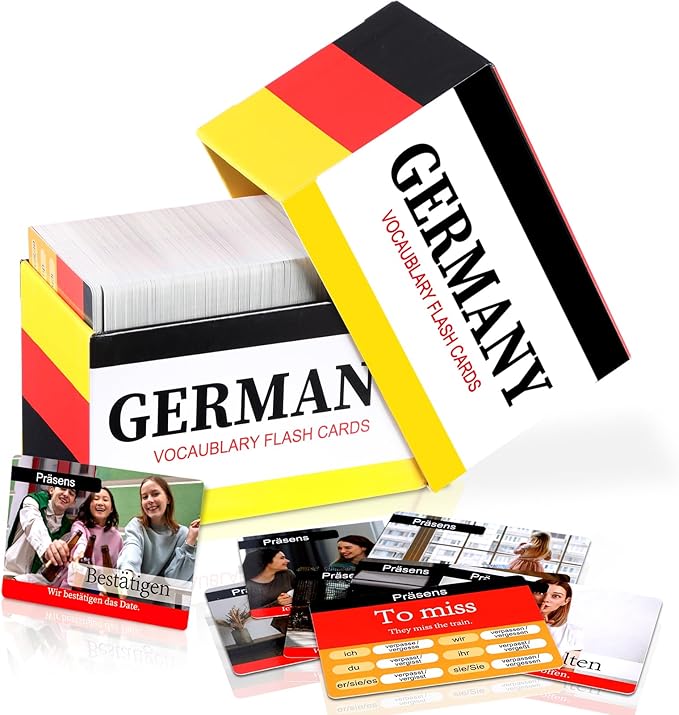 gisgfim 300 Pcs German Vocabulary Flash Cards Beginner Vocab with Pictures German Verb Conjugation Present Tense Memory & Sight Words Essential Translations Learn Language Cards in A Fun & Easy Way