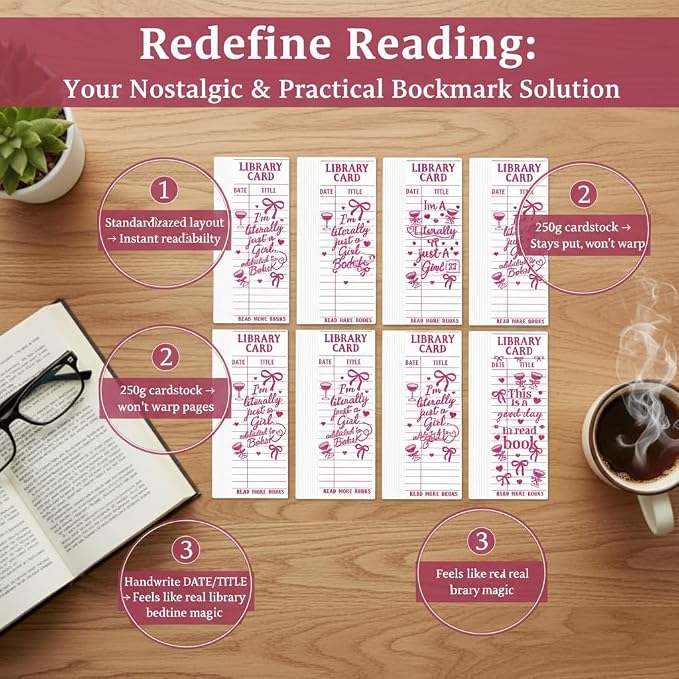Vintage Library Card Bookmarks Bulk - 100Pcs Pink Retro Reading Quote Book Marks, Matte Thick Paper Book Marks for Reading Women, Book Club Gifts
