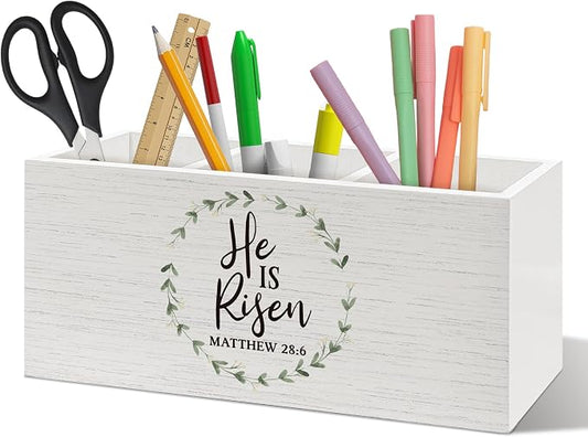 Christian Easter Pen Holder Organizer Desk Decor, He Is Risen Easter Decor, Matthew 28:6 Bible Verse Religious Wooden Pen Pencil Holders for Home Office Desk Accessories