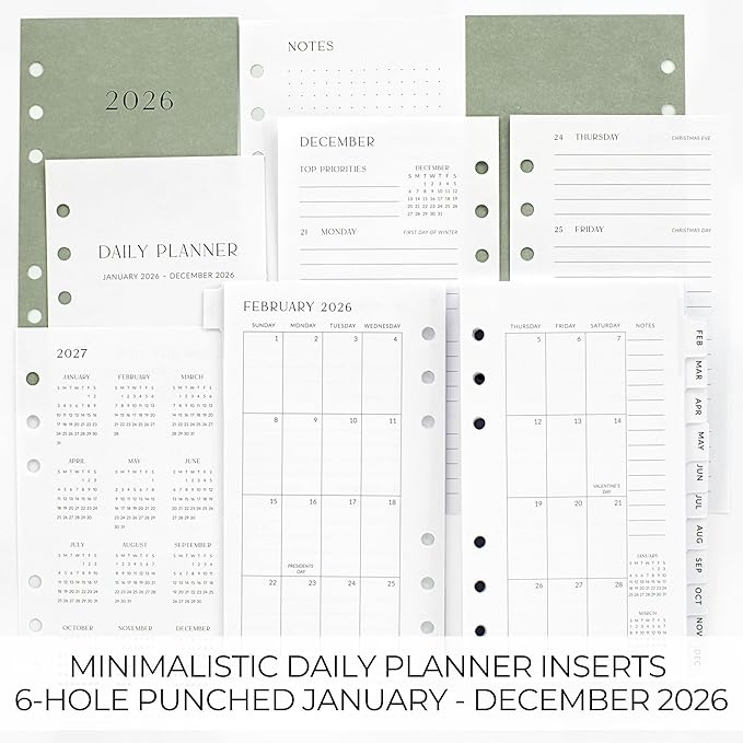 Beautiful 2026 Daily Planner Inserts for 6 Ring Binders - Durable Paper Refill Set 3.75" x 6.75" Personal Planner Size - Incl. Tabs & Monthly Calendar Spreads - From January 2026 - December 2026