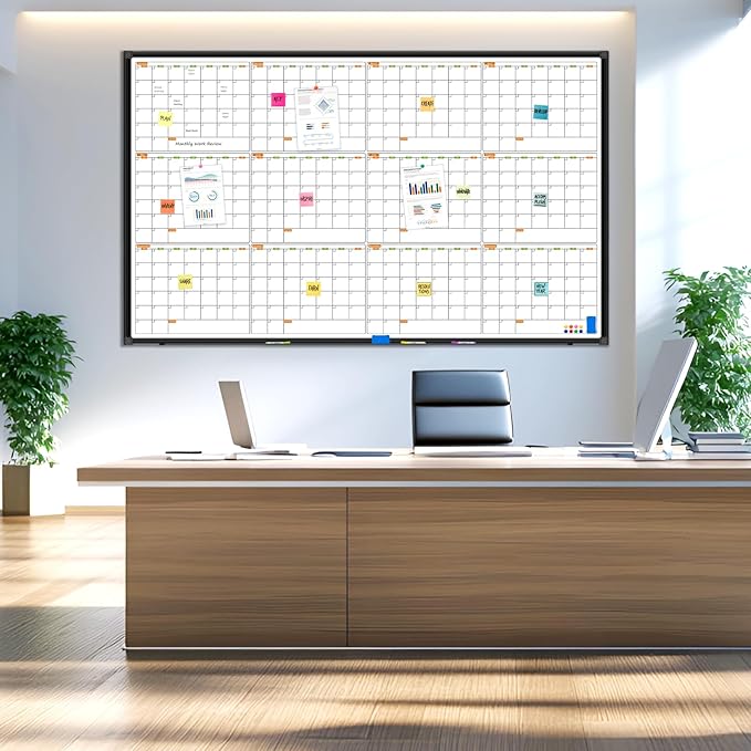 12 Month Calendar Whiteboard for Wall, 72" x 40" Large Wall Calendar Dry Erase with Tray, Magnetic Dry Erase Calendar for Wall Mounted Bulletin Board for Home Classroom Office Organization