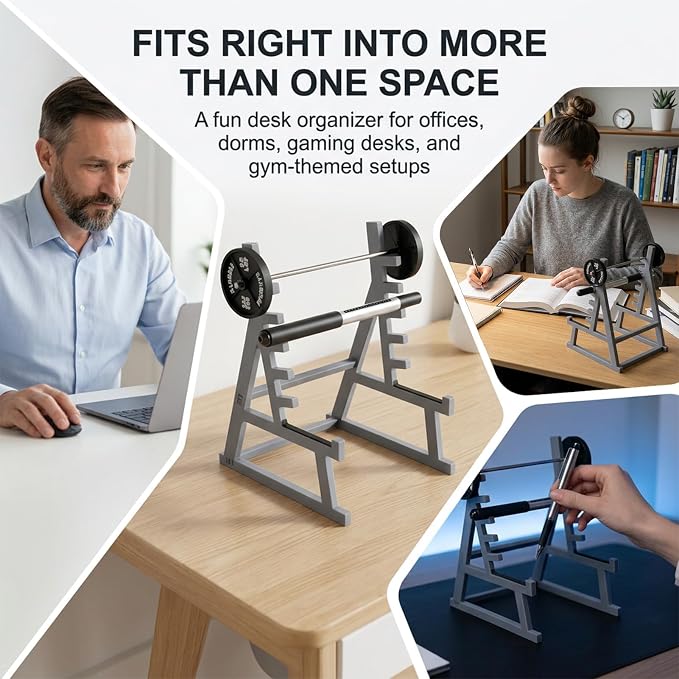 Squat Rack Pen Holder for Desk, Funny Barbell Pencil Cup with Mini Gym Equipment Design, Unique Office Stationery Organizer Decor, Gym Gifts for Men, Weightlifting Lovers and Workout Fans