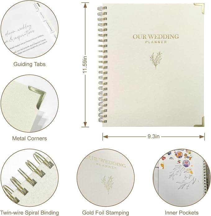 Wedding Planner Book and Organizer for Bride - Elegant Linen Cover Wedding Planning Binder with Checklists,Pockets & Calendars,Perfect Engagement Gifts for Couples(Cream)