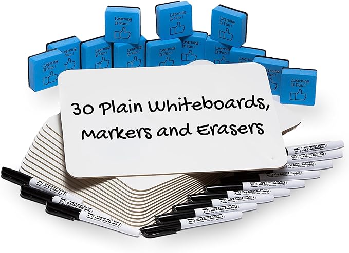 Charles Leonard Dry Erase Board Classroom Pack - Mini Lapboard School Supplies for Teachers, Students - Includes 30 each Erasable White Boards, 2 Inch Felt Erasers and Black Dry Erase Markers (35090)