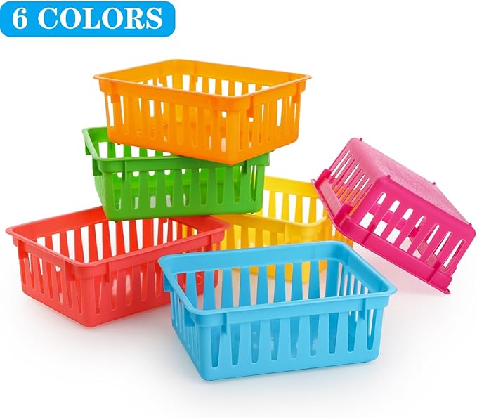 DEAYOU 24 Pack Classroom Storage Baskets, Small Plastic Baskets for Organizing, Colorful Storage Trays, Crayon Pencil Containers Organizer Bins for Desk, Drawer, Home, Office, 6.1"L x 4.7"W x 2.4"H