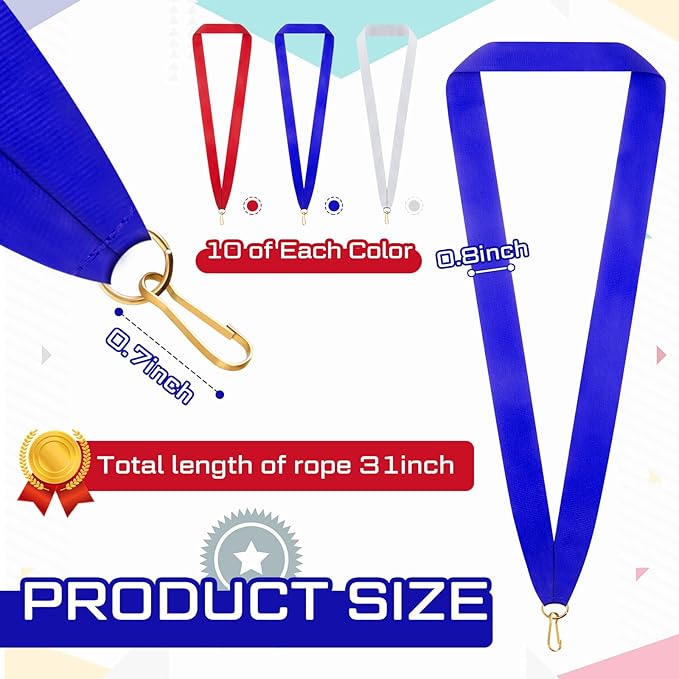 30 Pieces Award Ribbon Medal Ribbons Neck Ribbons for Medals Flat Medal Lanyards Ribbon Lanyard with Snap Clips for Competitions Sports Meeting Party Student Awards