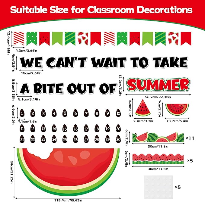 Summer Watermelon Countdown Bulletin Board Set Hello Welcome Summer Classroom Decoration Back to School Bulletin Board Colorful Wall Sticker Peel and Stick Cutouts for Classroom Chalkboard Wall Decor