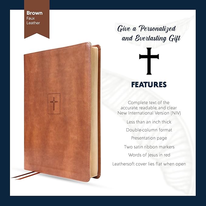 Personalized NIV Thinline Holy Bible Faux Leather Large Print Size | Custom with Name on Lower Right Corner | Gift for Christian & Religious Celebrations | Brown