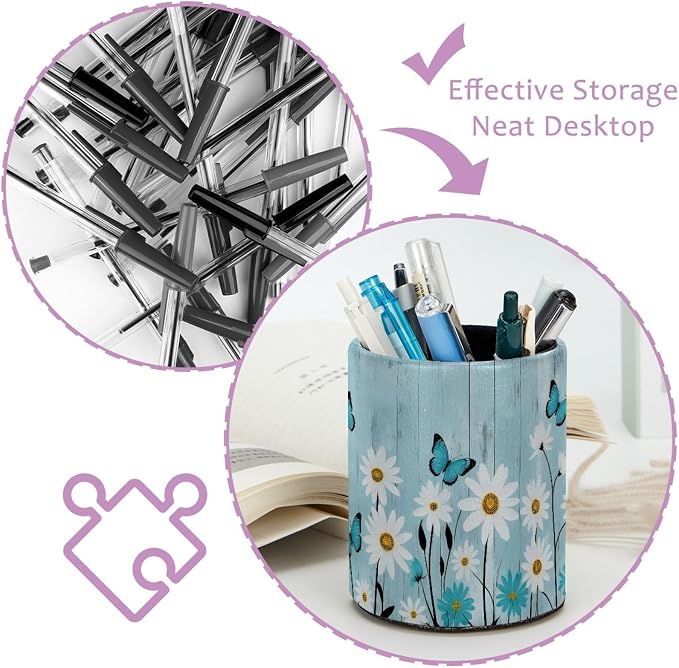 Daisy Floral Butterfly Rustic Plank Pen Holder Pencil Organizer Cute Pencil Cup Desk Decor Makeup Brush Holder PU Multifunctional Office Supplies for Home Classroom School