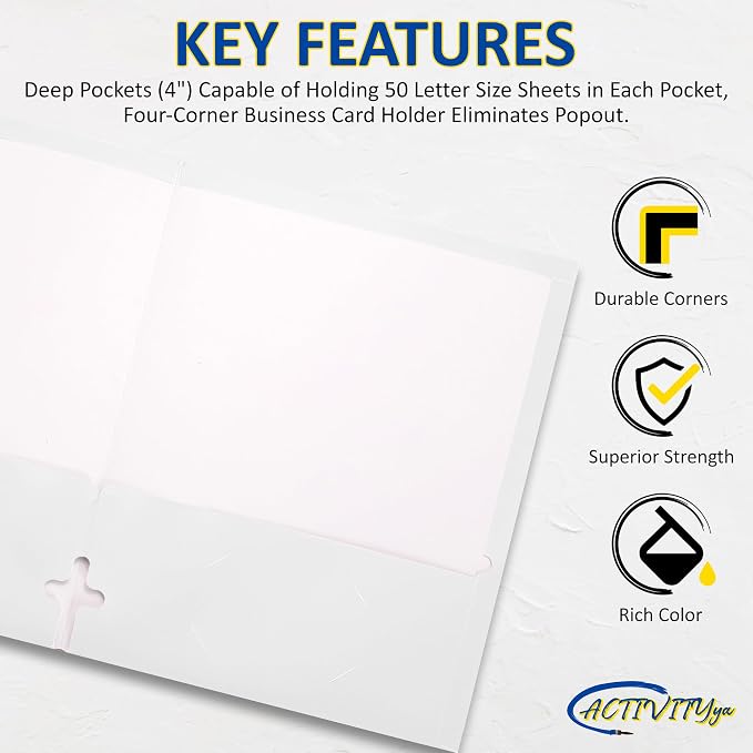 10 Pack Two Pocket Folders, White, Strong Thick Paper Folders, for Letter Size, by ACTIVITYya