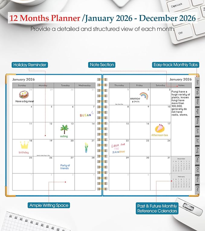 2026 Planner, Weekly and Monthly Calendar Planner from January 2026 - December 2026, 5.75" x 8.38" Hardcover Leather Hourly Appointment Book with Tabs, A5 Spiral Daily Planners for College School Work Home, Sky Blue