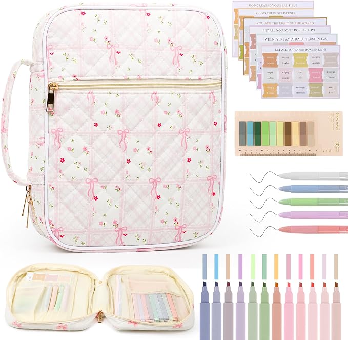 Bible Cover Case for Women Large Quilted Bible Carrying Bag with Handles Bible Study Supplies & Accessories Christian Gifts for Women(Cotton-Pink Patchwork, M)