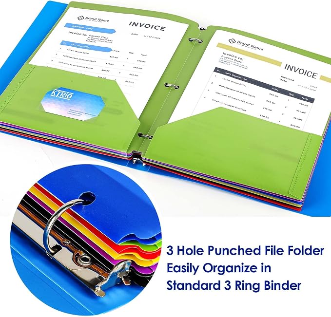KTRIO Folders with Pockets 3 Hole Punched, 6 Pack Plastic Folders for 3 Ring Binder, Letter Size Colored Poly Folder with Business Card Slot for School Students Teachers