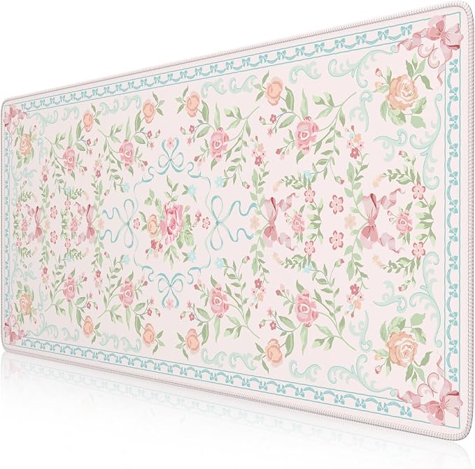 HAOCOO Blue Floral Keyboard Pad, 35.4" x 15.7" Large Mouse Pad for Desk, Non-Slip Waterproof Keyboard Mat, Cute Girly Desktop Mat for Office & Home Decor, Computer Desk Accessories with Stitched Edges