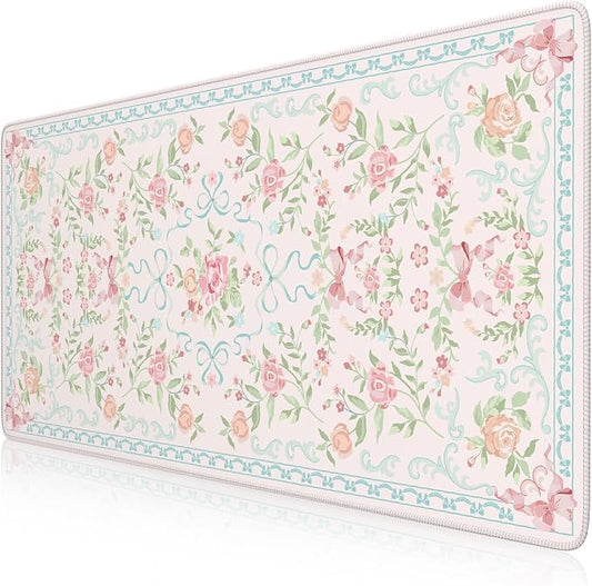HAOCOO Blue Floral Keyboard Pad, 35.4" x 15.7" Large Mouse Pad for Desk, Non-Slip Waterproof Keyboard Mat, Cute Girly Desktop Mat for Office & Home Decor, Computer Desk Accessories with Stitched Edges