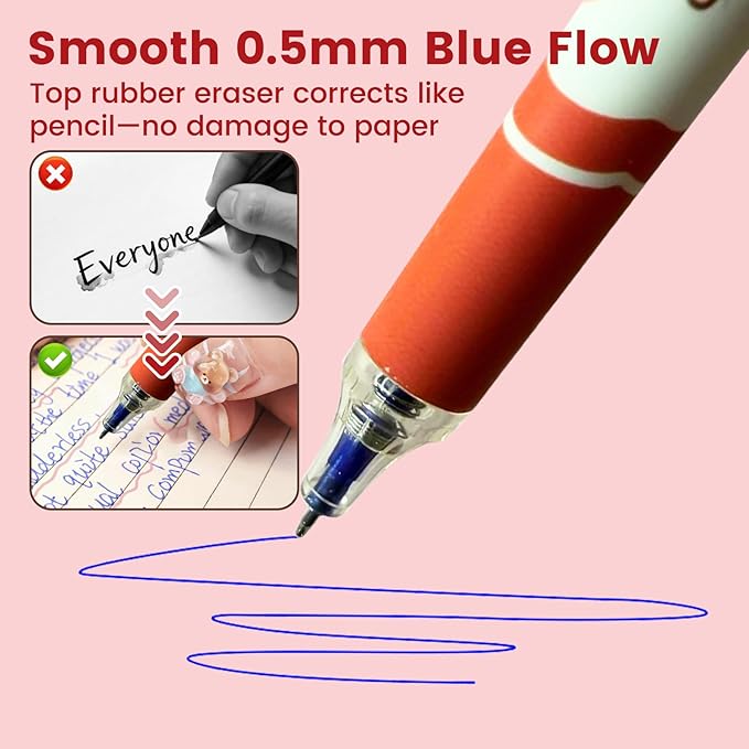 Erasable Pens 6-Pack – Cute Retractable Gel Pens with Eraser Top, 0.5mm Blue Ink, Smooth Writing for Journaling School Office Supplies for Women Men Girls Boys(Blue Ink - Sweet Apple Orchard)