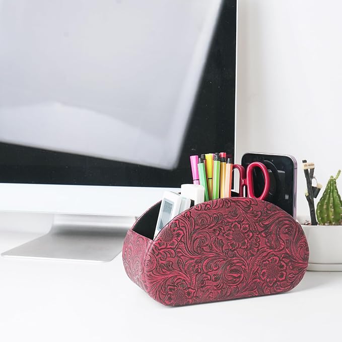 Remote Control Holder, PU Leather Remote Caddy Desktop Organizer with 5 Spacious Compartments for TV Remotes/Media Controllers/Office Supplies (1-Carved3 Red