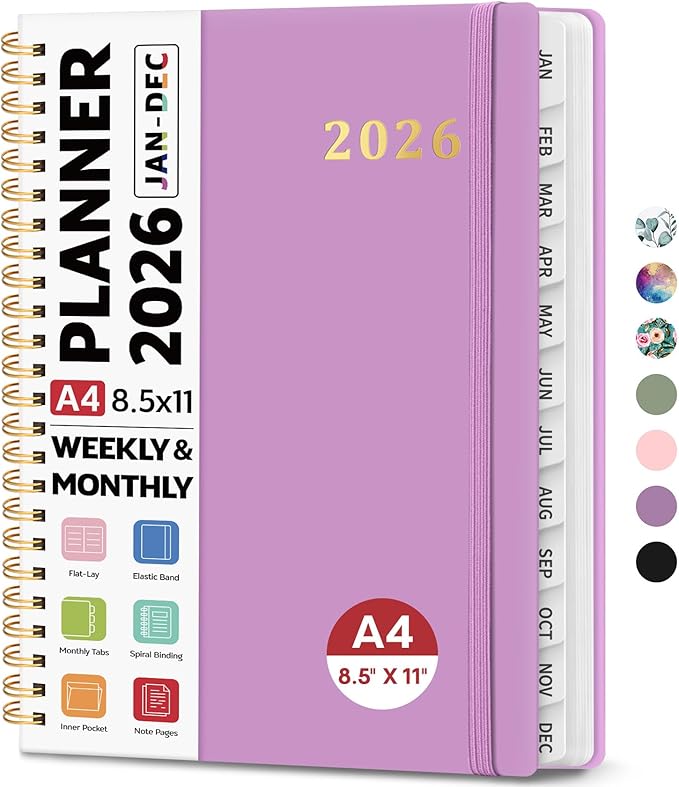 2026 Planner 8.5" x 11", Weekly and Monthly Calendar Planner Book, January 2026 - December 2026, Hardcover Spiral Planner with Monthly Tabs, Notes Pages, Perfect for Women & Men, A4 - Purple