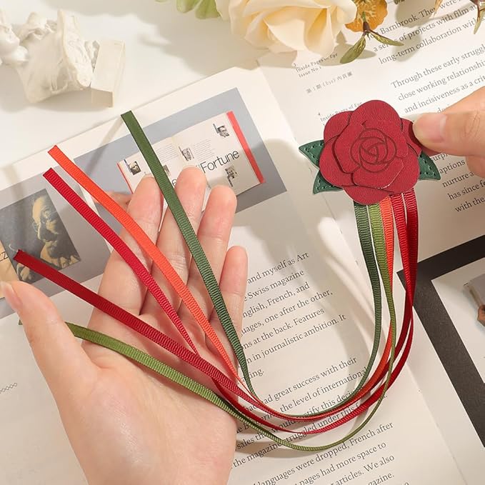 icceemee 2pcs Leather Bookmark with Sunflower Rose, Aesthetic Vintage Book Accessories, Handmade Tassel Bookmark for Women Men Gift