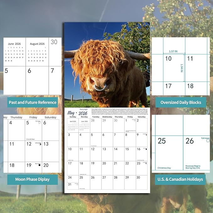 2026 Wall Calendar,Calendar 2026,Highland Cattle Monthly Wall Calendar, 12" x 24" Open,Family Planner Calendar, Home & Office Organizer,Hangable