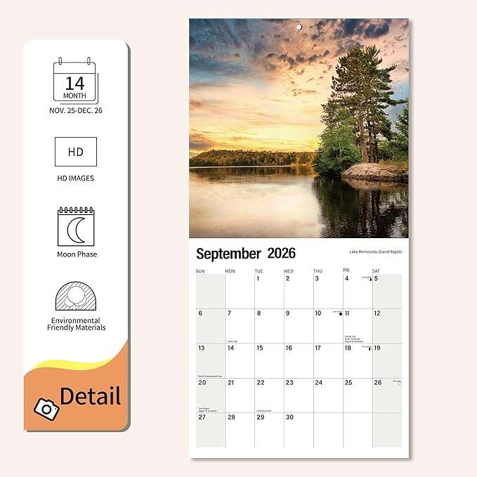 Wall Calendar 2026 Planner Calendar - LAKE Hangable Monthly Wall Calendar with Large Blocks for Organizing & Planning, Academic Schedule, Home, Office & family, Thick & Sturdy Paper (12"x24" Open)