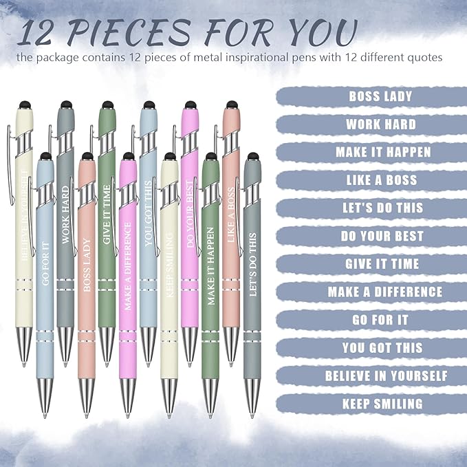 Zonon 12 Pcs Inspirational Pens Gift Set Funny Ballpoint Pen with Stylus Tip Motivational Graduation Gifts Bulk for Teacher Coworkers Nurse School Office Supplies(Morandi,Boss Lady)