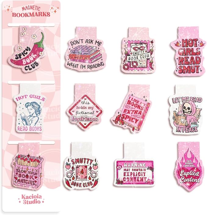Kaciola Studio 12PCS Glittery Magnetic Bookmarks, Pink Spicy Cute Book Marks for Book Lovers Gifts, Funny Bookmark Accessories for Women Teachers Students School Office Home Supplies (Spicy)