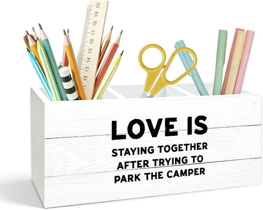 Camping Gifts Pen Holder for Desk, Camping Gifts for Couples, Love is Staying Together Camper Wooden Box Pencil Pen Holder Organizer for Home Office Desk Accessories