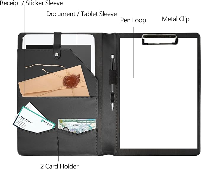 Padfolio Portfolio Binder, Leather Clipboard Folder Briefcase Loose-Leaf Binder with Cover Brown Folder with Pockets Resume Folder for Business School Office Meeting Men Women's Business (A4, Black)