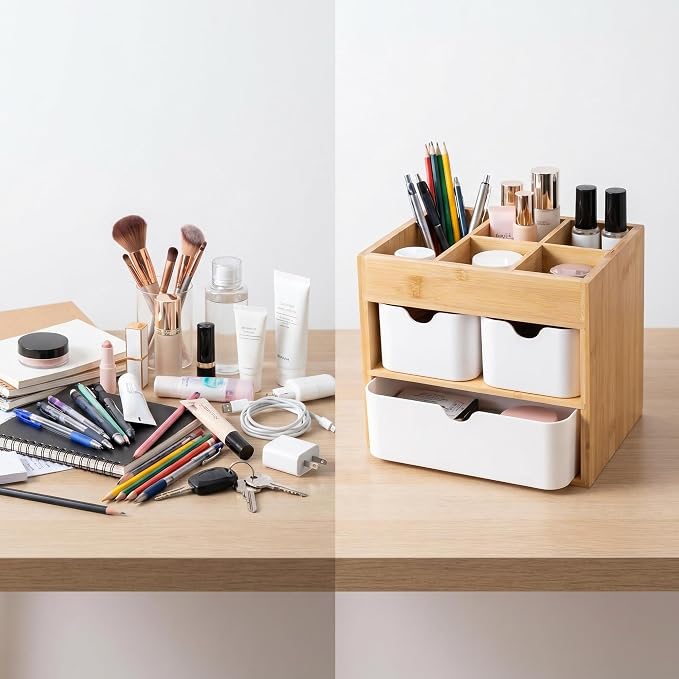 Bamboo Office Desk Organizer with 3 Drawers Wood Makeup Organizer Dresser Cosmetic Box Organizer for Home with Adjustable Dividers