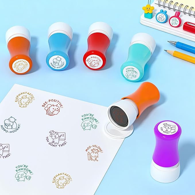 6-Piece Set of Teacher Stamps - Encouraging Animal Grading for Classroom Teacher Stamps for Grading Teacher Stamp Self Inking Stamp Behavior Stamps (Big Handle)