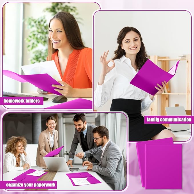 Gueevin 100 Pack Plastic Folder with Pockets, 2 Pocket Folders, Plastic Glossy Folders Fit Letter Size Paper, Heavy Duty Durable File Folder with Business Card for Home Office School (Neon Purple)