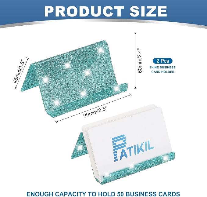 PATIKIL Business Card Holder for Desk, 2Pcs Acrylic Business Card Holders Shine Card Stand Organizer Cards Display for Office Exhibition, Lake Blue