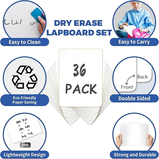 36 Pack Dry Erase Board, 9"x12" Double-Sided White Board with 36 Erasers for Students, Portable & Reusable Small White Lapboards Bulk for Teacher Classroom Homeschool Office School Supplies