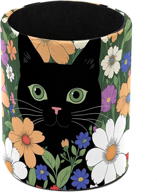 Cat Flower Pen Holder Pencil Organizer Cute Pencil Cup Desk Decor Makeup Brush Holder PU Multifunctional Office Supplies for Home Classroom School