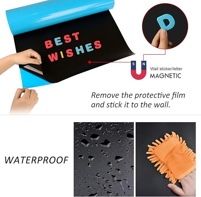 Board2by Magnetic Chalkboard Contact Paper for Wall, 38.9 x 18 Self Adhesive Chalk Board Wallpaper, Blackboard Paper with 46 Magnetic Letters for Kids, Black