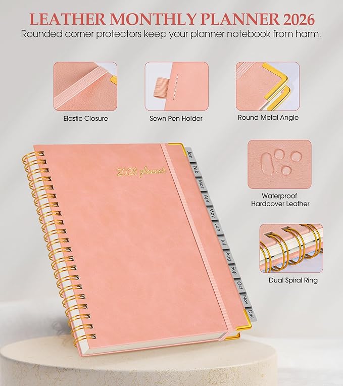 2026 Planner, Weekly and Monthly Calendar Planner from January 2026 - December 2026, 5.75" x 8.38" Hardcover Leather Hourly Appointment Book with Tabs, A5 Spiral Daily Planners for College School Work Home, Pink