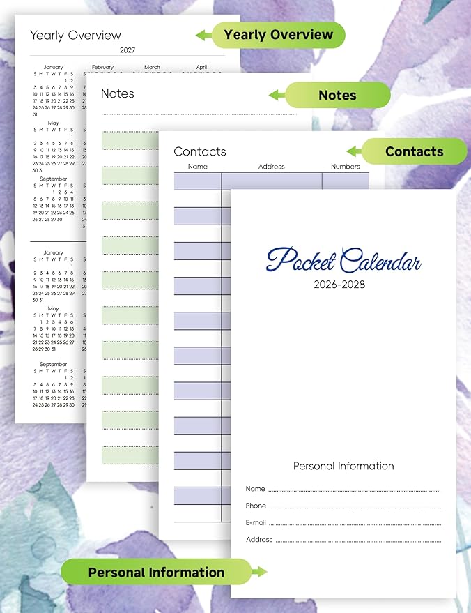 Pocket Calendar 2026-2028 Floral Series, Monthly Planner Jan 2026 to Jul 2028 (3.7" x 6.7") Perfect Purse Calendar, Pocket Agenda with Protective Plastic Sleeve-Violet Floral