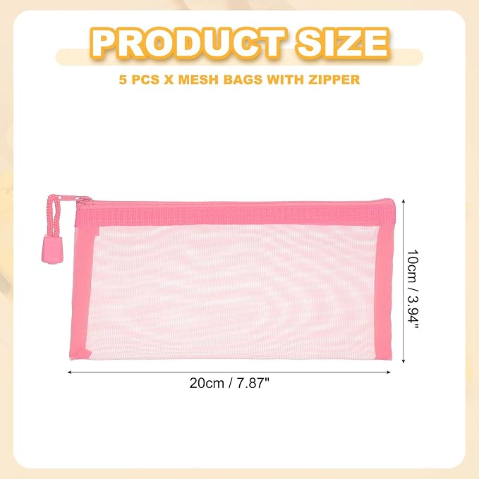 PATIKIL A6 Mesh Zipper Pouch Bags, 5 PCS Mesh Bags with Zipper Plastic Storage Pocket for Organizing File Beads Office Home Supplies, 10x20cm, Pink