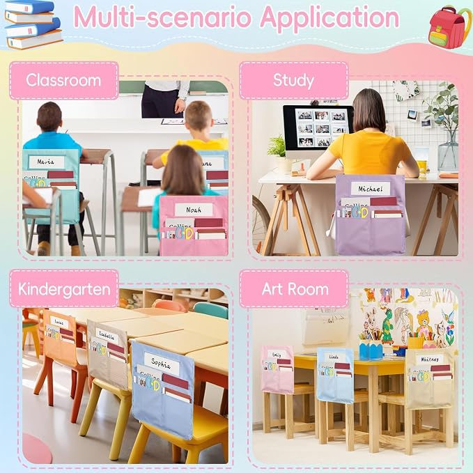gisgfim 12 Pcs Chair Pockets for Classroom 16.7 x 19.3 Inch s with Name Tag Chairback 3 Pockets Chairs Seat Back Organizer for Elementary School Daycare Home Supply (Pastel)
